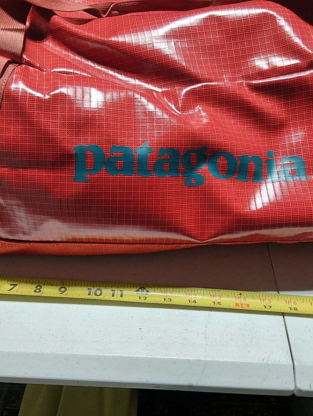 Patagonia Red Travel Duffel with Teal Logo